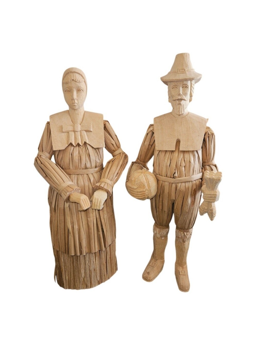 Vintage Handcrafted Corn Husk Carved Wood Thanksgiving Pilgrim Figurines Couple